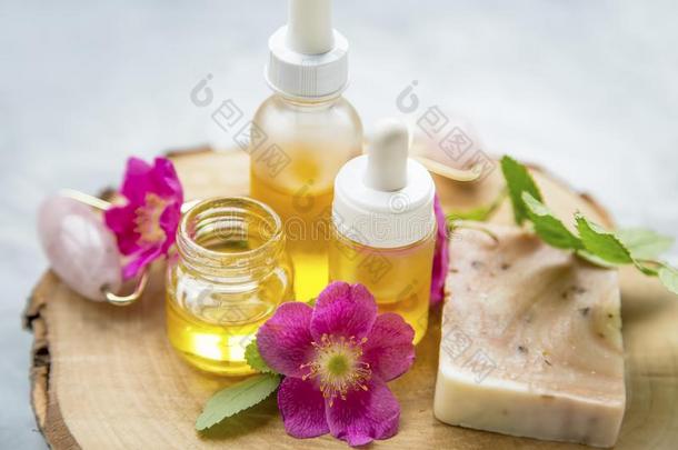 休闲健身中心护理皮肤的镶嵌和油画颜料和自然的肥皂,玫瑰果油画颜料一