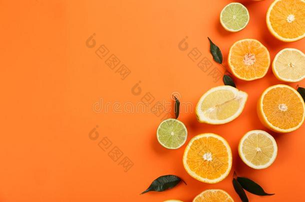 平的放置作品和橘子和不同的柑橘属果树成果