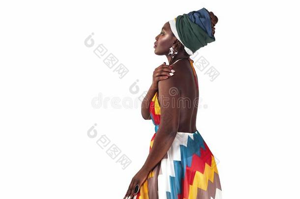 工作室时尚肖像关于年幼的非洲的女人采用夏衣服一