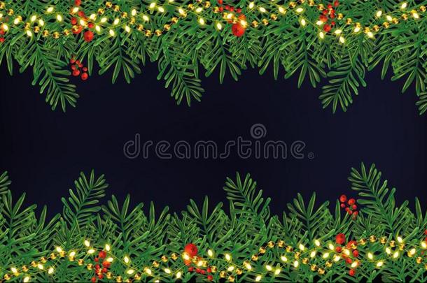边和圣诞节绿色的树枝,冬青红色的浆果向黑暗的