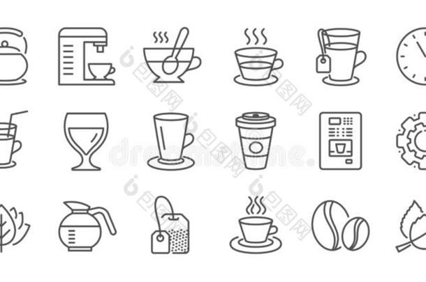 咖啡豆和<strong>茶</strong>水线条偶像.卡普契诺咖啡,<strong>茶</strong>水pot和咖啡豆pot.linear直线的