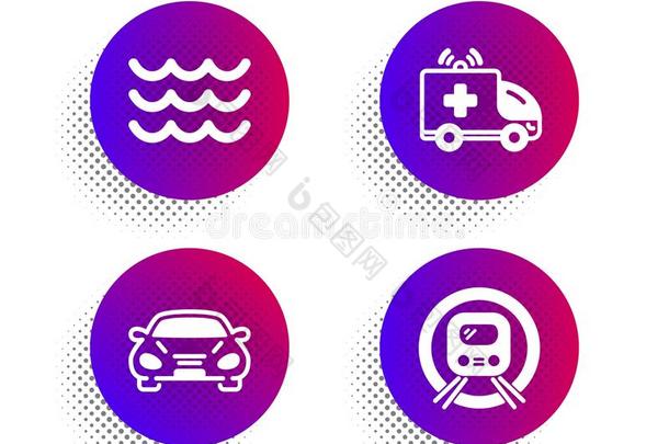 波,救护车汽车和汽车偶像放置.地下铁道地铁符号.水