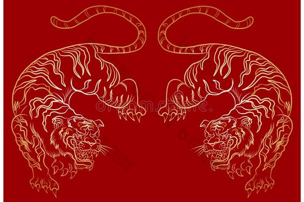 传统的老虎矢量.龙向红色的背景为中国人旧姓的