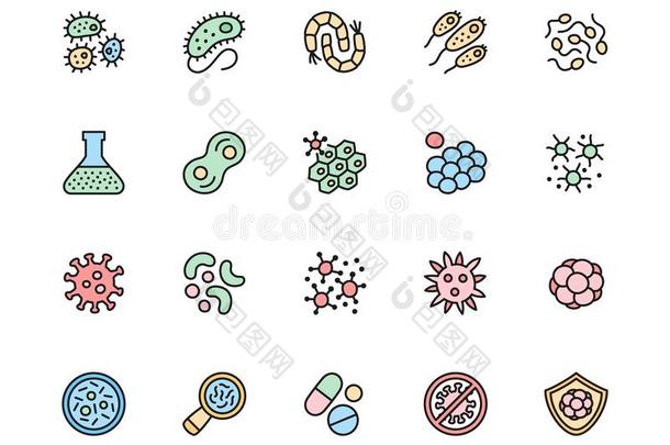 放置关于细菌和病毒颜色线条偶像.微生物,幼芽,细胞,