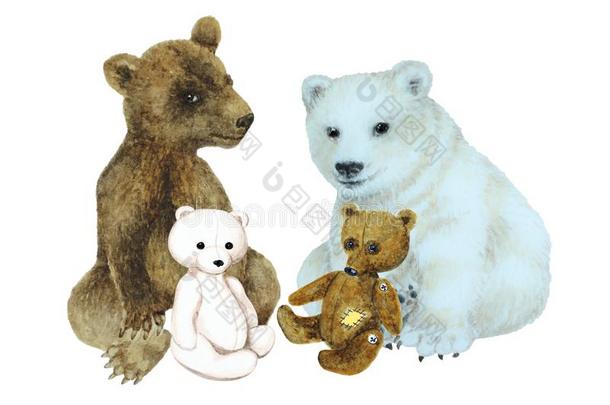 棕色的和极地的熊幼小的兽和玩具熊,h和疲惫的水彩