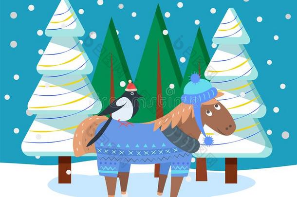 明信片关于动物采用下雪的森林,圣诞节矢量