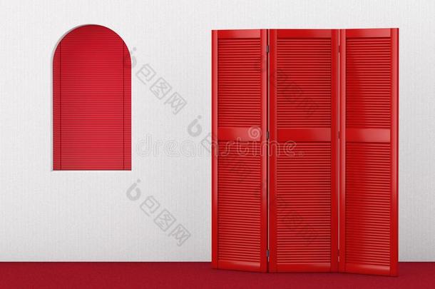 红色的可折叠的木制的衣服屏幕在近处红色的窗.3英语字母表中的第四个字母Ren英语字母表中的第四个字母ering