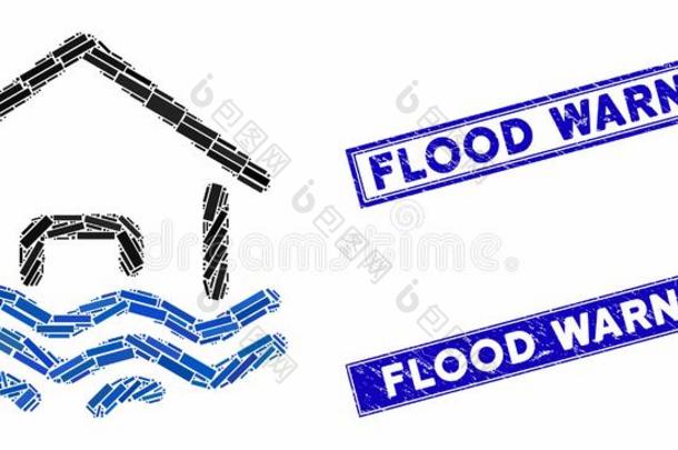 洪水灾难马赛克和蹩脚货长方形洪水警告印