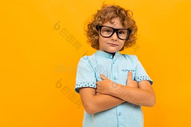 红色的-有毛发的有卷发的男孩采用眼镜和一光蓝色英语字母表的第20个字母-衬衫十字的