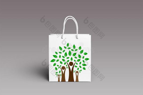 白色的印刷的纸袋和economy经济友好的树