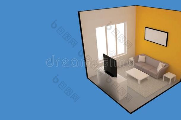 现实的等大的活的房间家具采用蓝色颜色后台