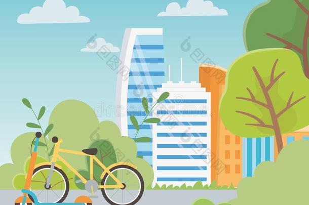 都市的生态学自行车踢小型摩托车运送大街公园