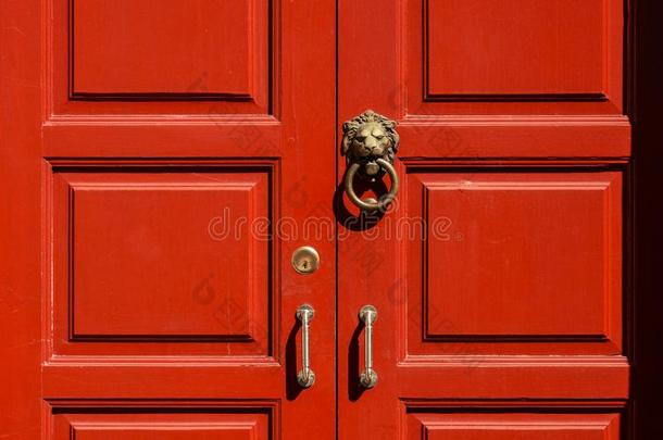 黄铜狮子上端门门环在指已提到的人红色的木制的门.