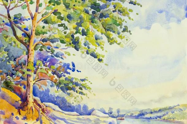 水彩风景绘画关于树河和小屋