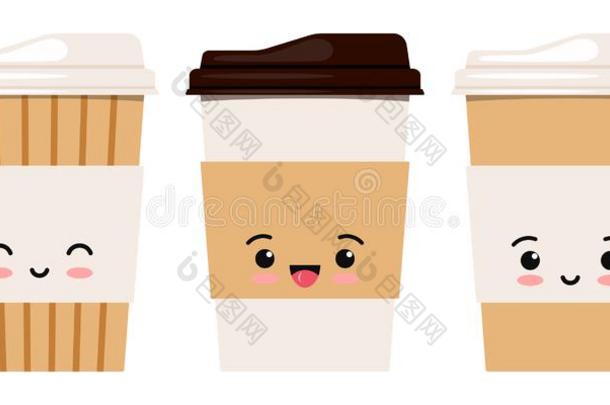 漂亮的表情符号咖啡豆或茶水杯子和盖偶像放置,前面看法,弧点元
