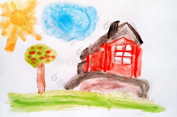 水彩画小孩手绘画.房屋,成果树,云和太阳