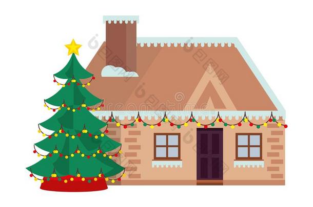 房屋和雪和圣诞节树冬季节
