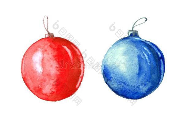 水彩圣诞节杂乱玩具蓝色和红色的剪贴画,树布置