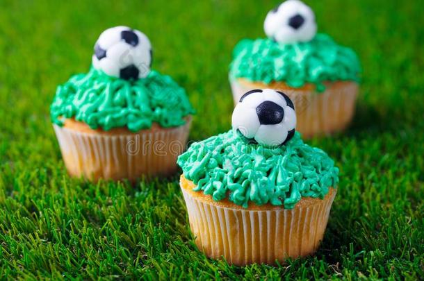 足球社交聚会,生日装饰纸杯蛋糕向绿色的草后面