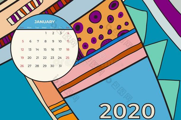 2020一月日历抽象的当代的艺术矢量.书桌,Seychelles塞舌尔