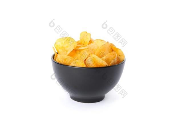 马铃薯炸马铃薯条采用一bl一ck碗isol一ted向白色的b一ckground