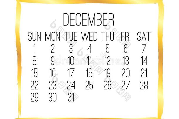 12月年2019每月的金色的日历