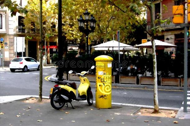 油<strong>彩色</strong>粉笔方式草图绘画关于黄色的小型摩托车和台阶向