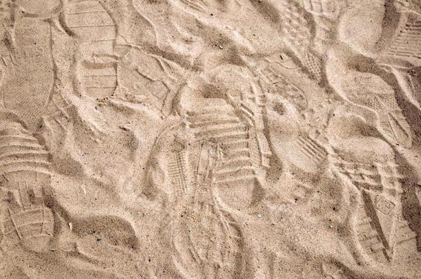 阳光照射的沙的海岸踩在旁边人脚印