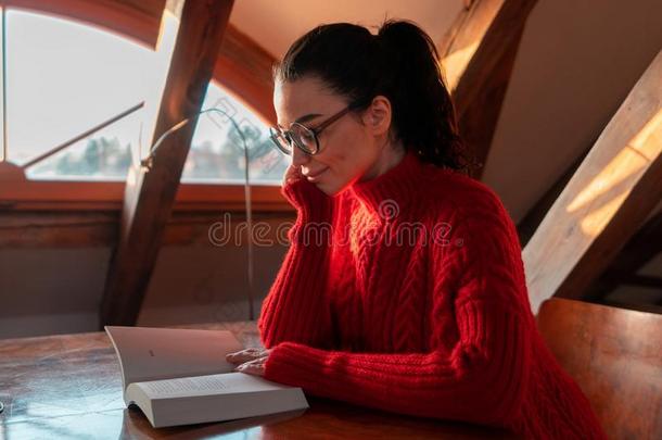 美丽的女人和眼镜阅读书在在tic双重斜坡的屋顶少女