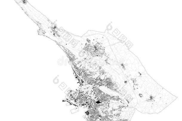卫星地图的里雅斯特的里雅斯特湾,镇和锚地,建筑物和连接