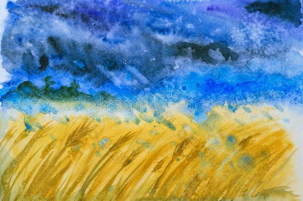 一美丽的手疲惫的水彩风景和金色的小麦菲耶尔