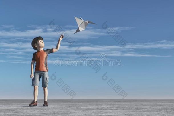 飞行的折纸手工.小孩和一折纸手工鸟飞行的.