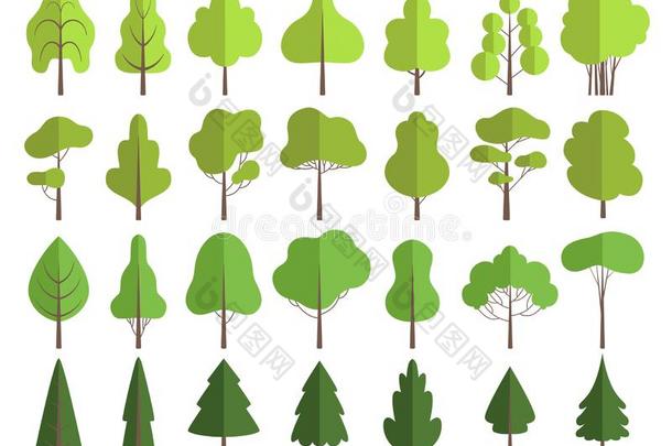 平的绿色的树.自然植物干净的修整形状矢量人名