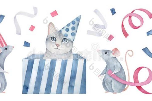 漂亮的小的小猫和认为老鼠使人疲乏的社交聚会圆锥体帽子.