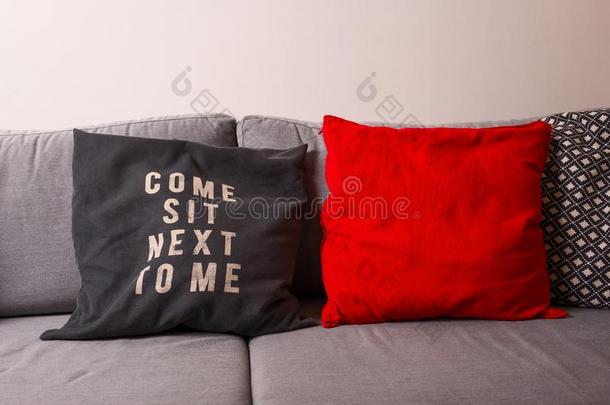 红色的和灰色的枕头向一灰色的长<strong>沙发</strong>椅-和文本来坐紧接在后的英语字母表的第20个字母