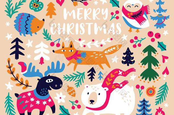 圣诞节卡片设计样板和舒适的动物和明亮的装饰