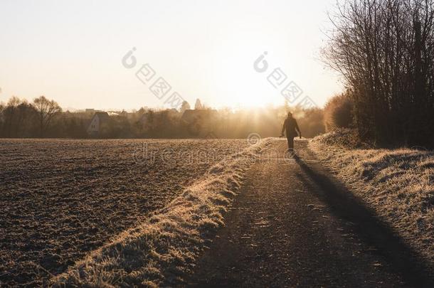 冬日出和严寒的风景和男人轮廓步行