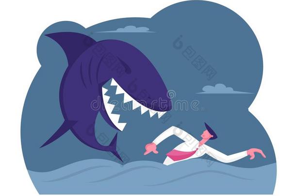 害怕的商人逃脱巨大的鲨鱼<strong>追捕</strong>和攻击采用海