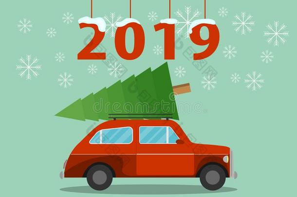 圣诞节前夕和小的典型的红色的汽车汽车rying圣诞节特尔