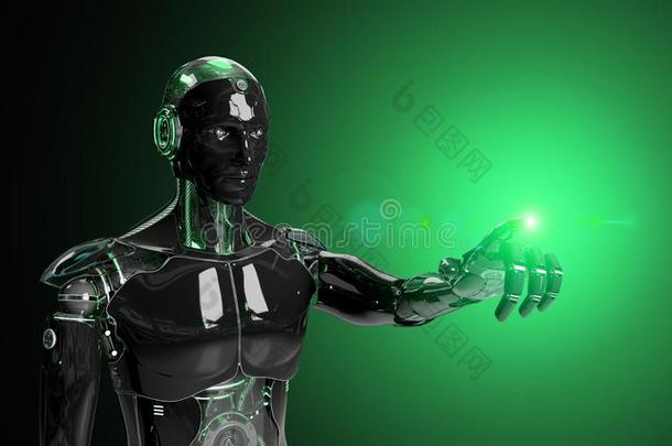 黑的和绿色的聪明的机器人电子人弄尖手指向黑暗的
