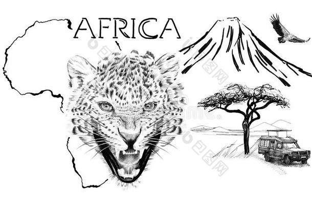 豹肖像向非洲地图背景和<strong>乞力马扎罗山</strong>登上