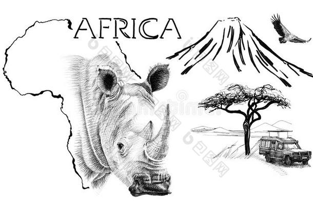 犀牛肖像向非洲地图背景和<strong>乞力马扎罗山</strong>莫泰