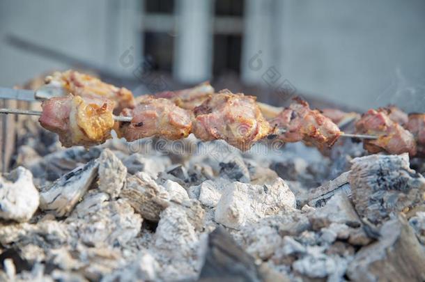 促进食欲的卢拉烤腌羊肉串烤的向金属串肉杆.手和吞