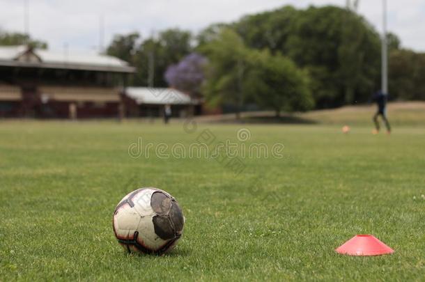 专业的足球足球训练使用圆锥细胞和有关运动的balancing平衡