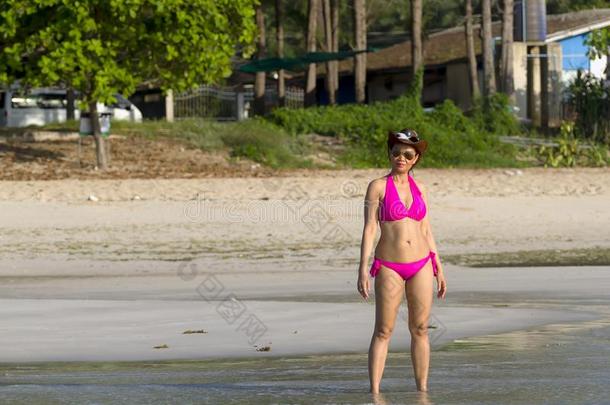 女人形状大大地给看比基尼式游泳衣粉红色的向海滩