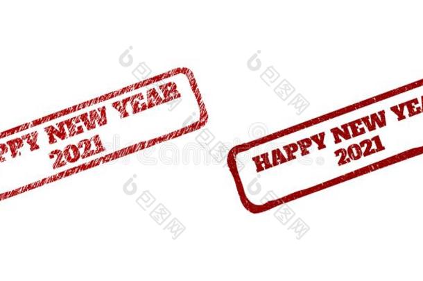 幸福的新的年2021红色的粗糙的矩形的邮票海豹和运行