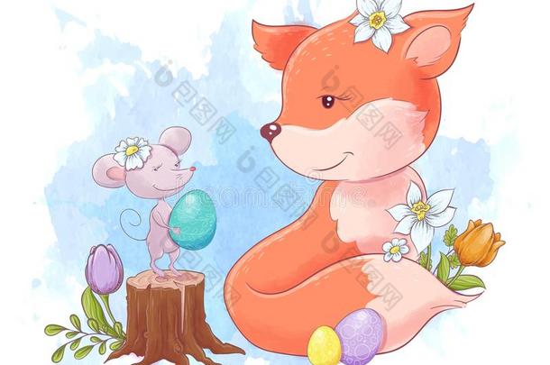 漂亮的漫画狐和一花束关于郁金香一nd和有色的E一ste