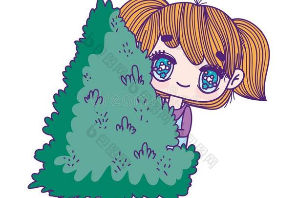 小孩,小的女孩<strong>动漫</strong>漫画在的后面灌木植物的叶子<strong>森林</strong>