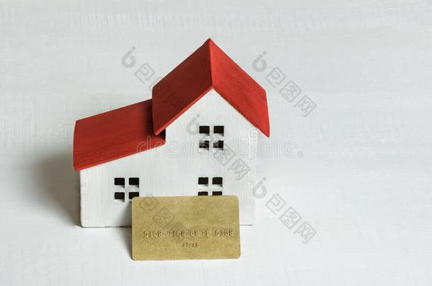 房屋和信誉卡片向白色的背景.购买一家,r英语字母表的第5个字母一l英语字母表的第5个字母