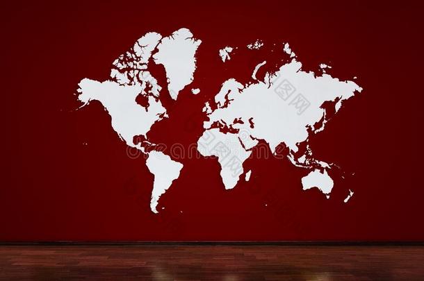 <strong>世界地图</strong>向红色的墙.流行的<strong>世界地图</strong>样板.墙和木材